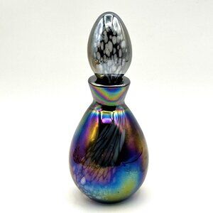 Vintage Irice Blue Purple Oil Slick Carnival Glass Perfume Scent Bottle 6"